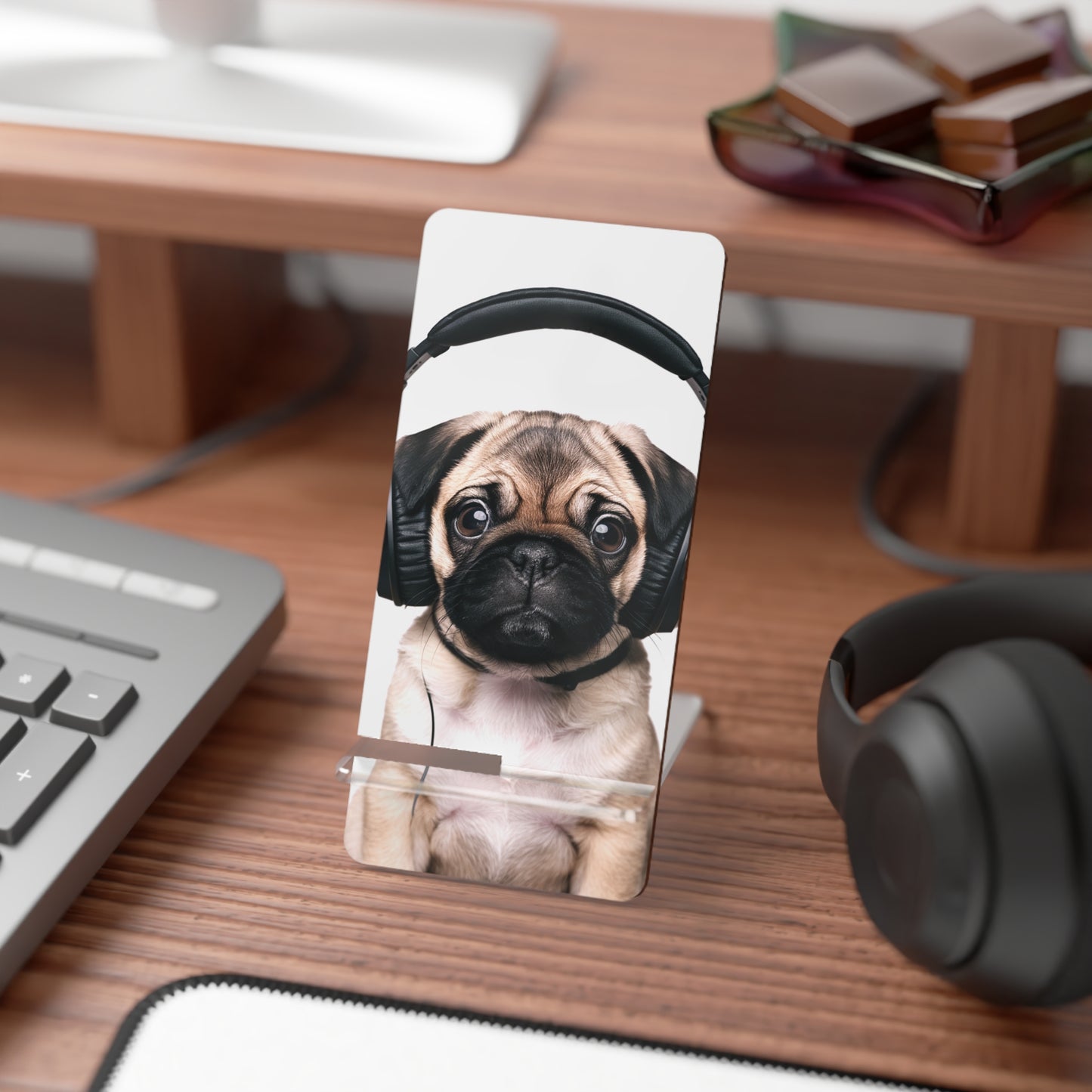 Pawsitively Cool: Pug on Headphones - Display Stand for Smartphones