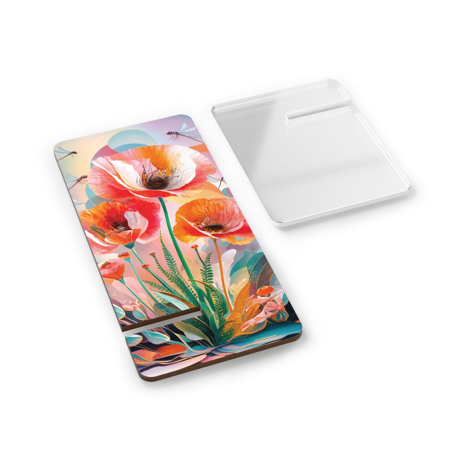 Organic Harmony: Floral & Dragonfly Art- Display Stand for Smartphones