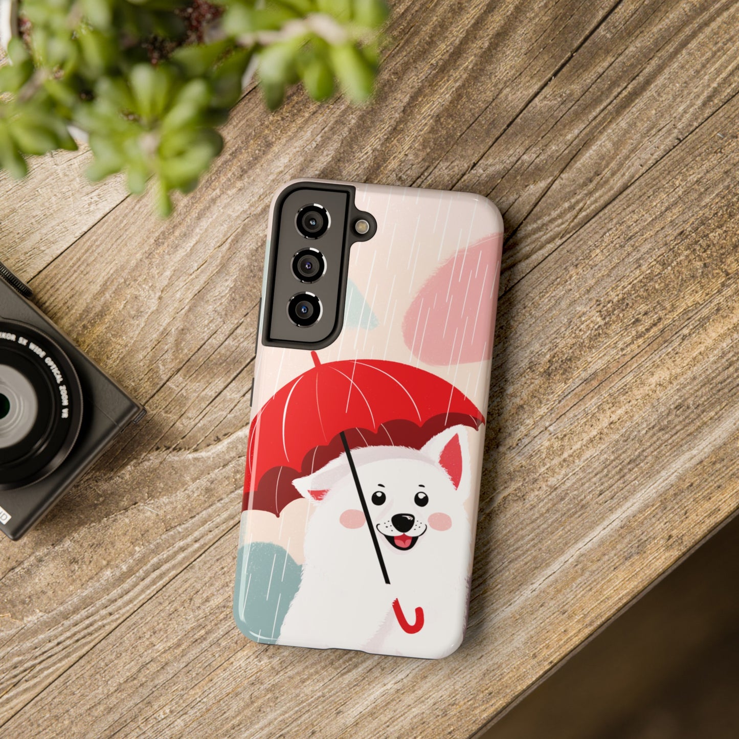 Rainy Day Ruff: Cartoon Dog with Red Pawrella - Tough Phone Cases