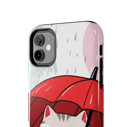 Rainy Day Whiskers: Cartoon Cat with Red Umbrella - Tough Phone Cases