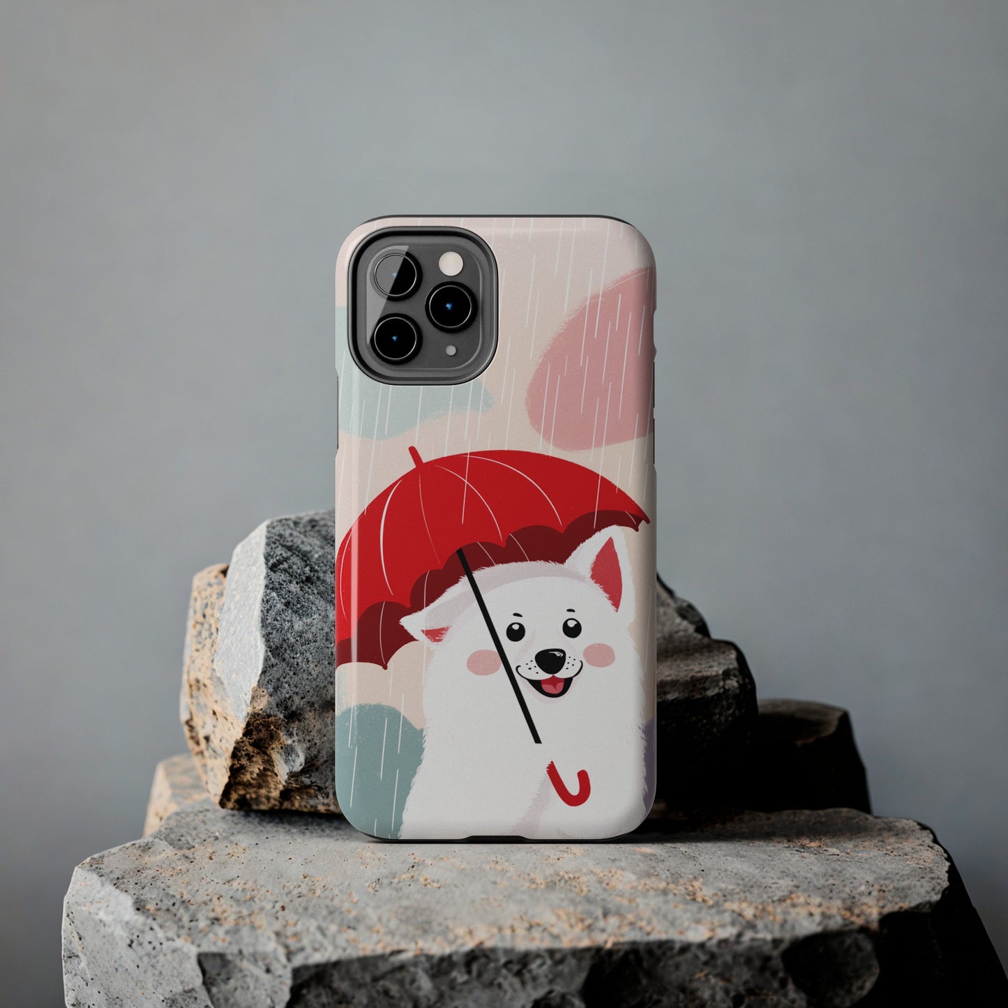 Rainy Day Ruff: Cartoon Dog with Red Pawrella - Tough Phone Cases