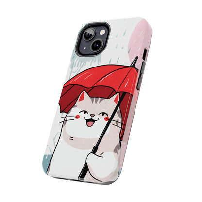 Rainy Day Whiskers: Cartoon Cat with Red Umbrella - Tough Phone Cases