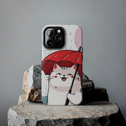 Rainy Day Whiskers: Cartoon Cat with Red Umbrella - Tough Phone Cases