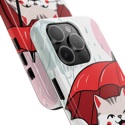 Rainy Day Whiskers: Cartoon Cat with Red Umbrella - Tough Phone Cases