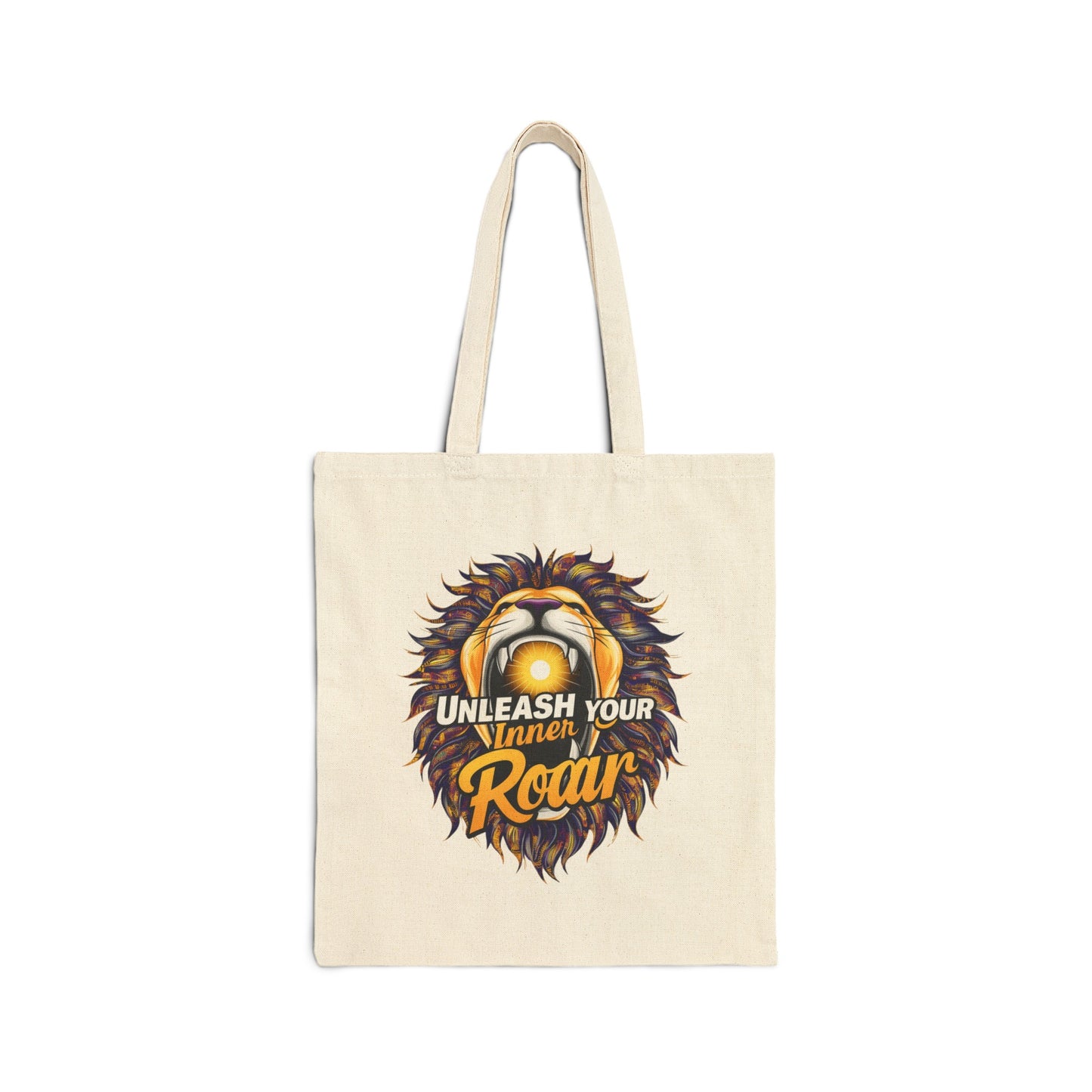 "Unleash your Inner Roar" Lion - Cotton Canvas Tote Bag, featuring a kaleidoscope of colors.