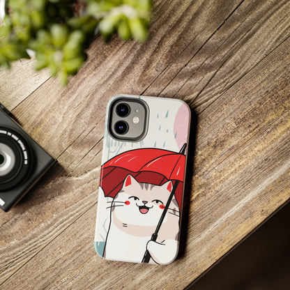 Rainy Day Whiskers: Cartoon Cat with Red Umbrella - Tough Phone Cases