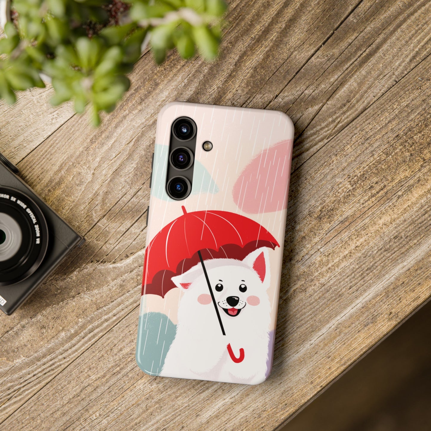 Rainy Day Ruff: Cartoon Dog with Red Pawrella - Tough Phone Cases