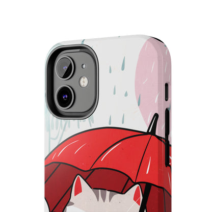 Rainy Day Whiskers: Cartoon Cat with Red Umbrella - Tough Phone Cases