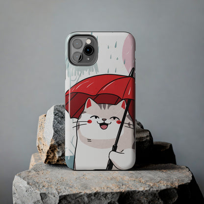 Rainy Day Whiskers: Cartoon Cat with Red Umbrella - Tough Phone Cases