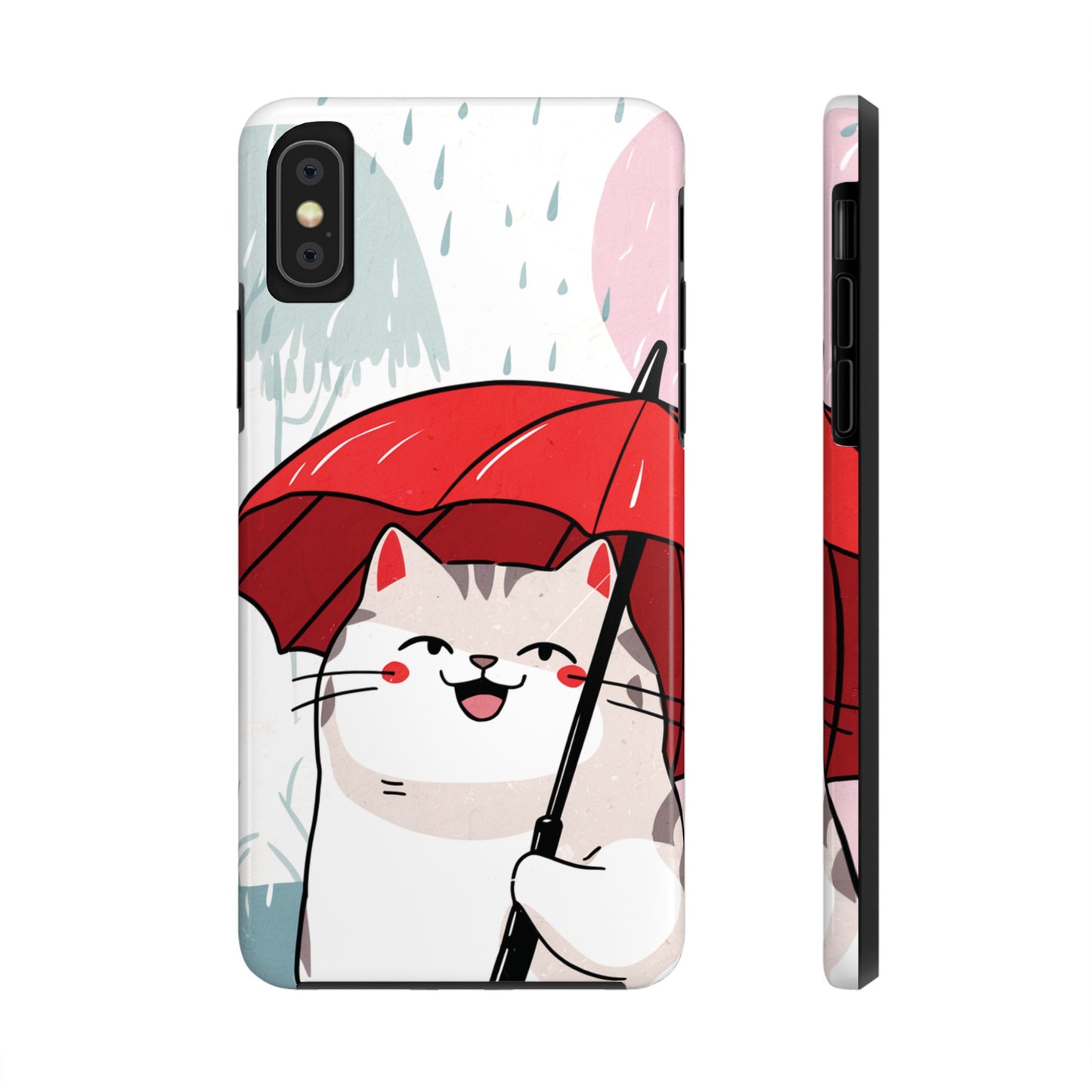 Rainy Day Whiskers: Cartoon Cat with Red Umbrella - Tough Phone Cases