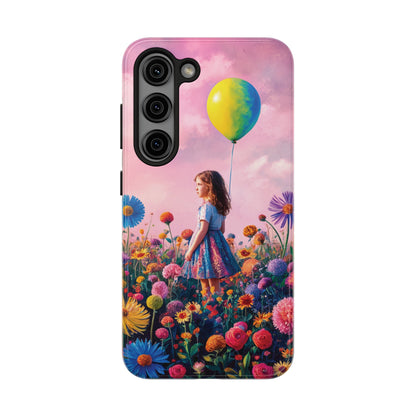 Girl with Yellow and Blue Balloon: Garden Oasis at Dusk - Tough Phone Cases