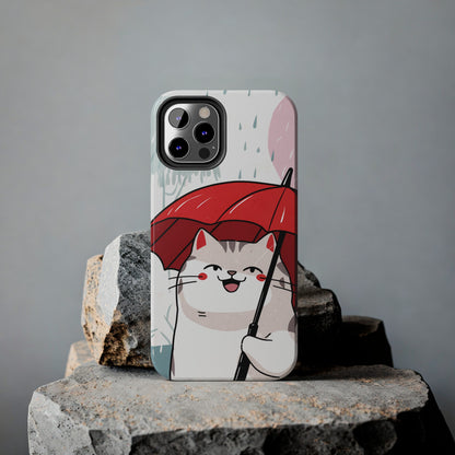 Rainy Day Whiskers: Cartoon Cat with Red Umbrella - Tough Phone Cases