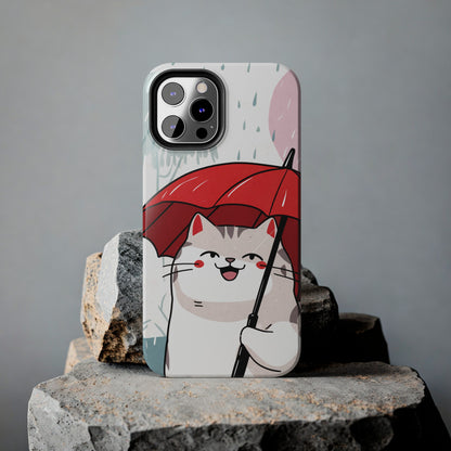 Rainy Day Whiskers: Cartoon Cat with Red Umbrella - Tough Phone Cases