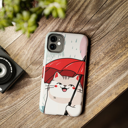 Rainy Day Whiskers: Cartoon Cat with Red Umbrella - Tough Phone Cases