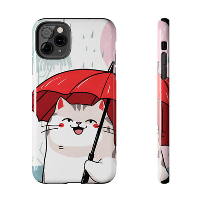 Rainy Day Whiskers: Cartoon Cat with Red Umbrella - Tough Phone Cases