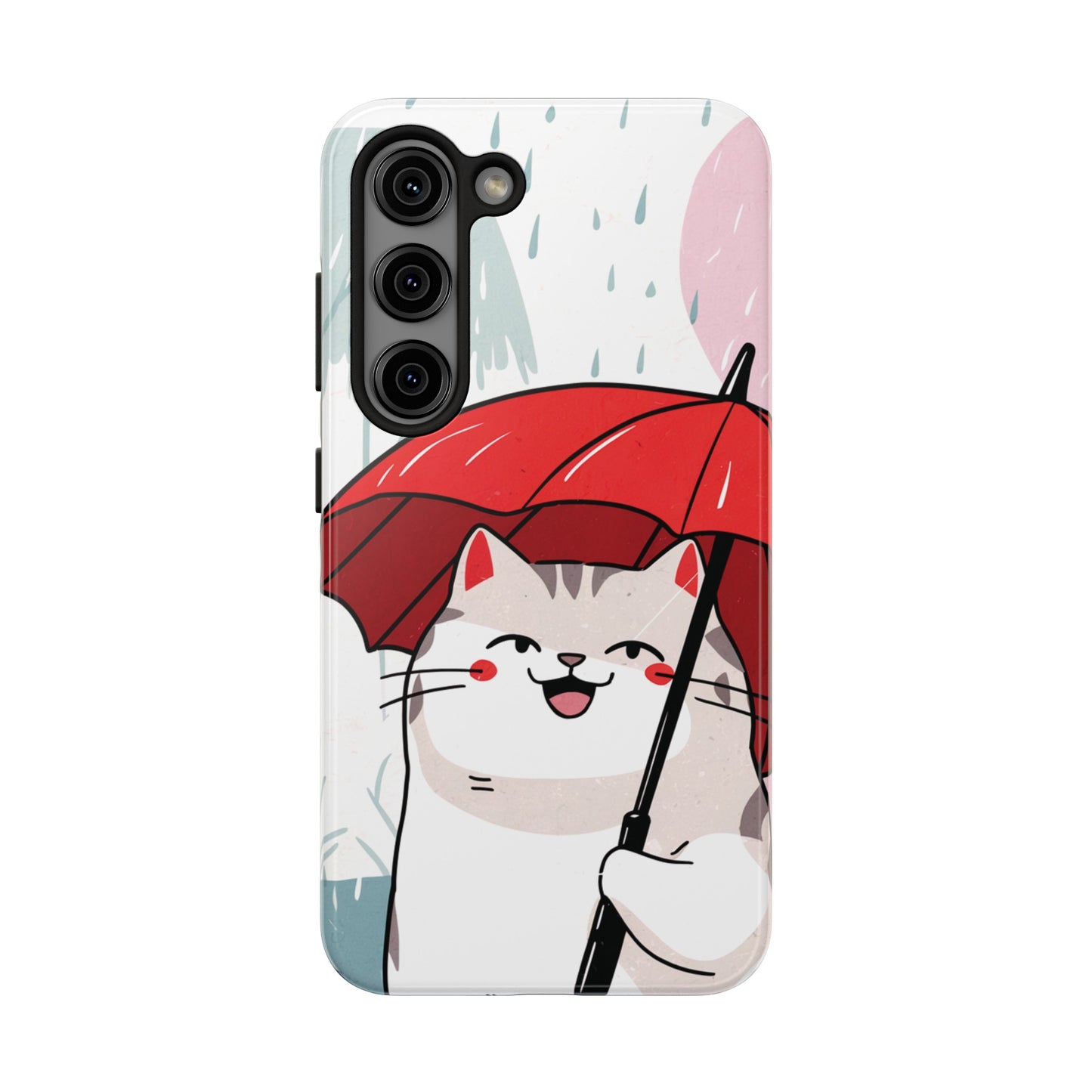 Rainy Day Whiskers: Cartoon Cat with Red Umbrella - Tough Phone Cases