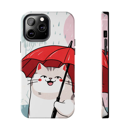 Rainy Day Whiskers: Cartoon Cat with Red Umbrella - Tough Phone Cases