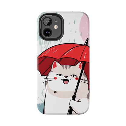 Rainy Day Whiskers: Cartoon Cat with Red Umbrella - Tough Phone Cases