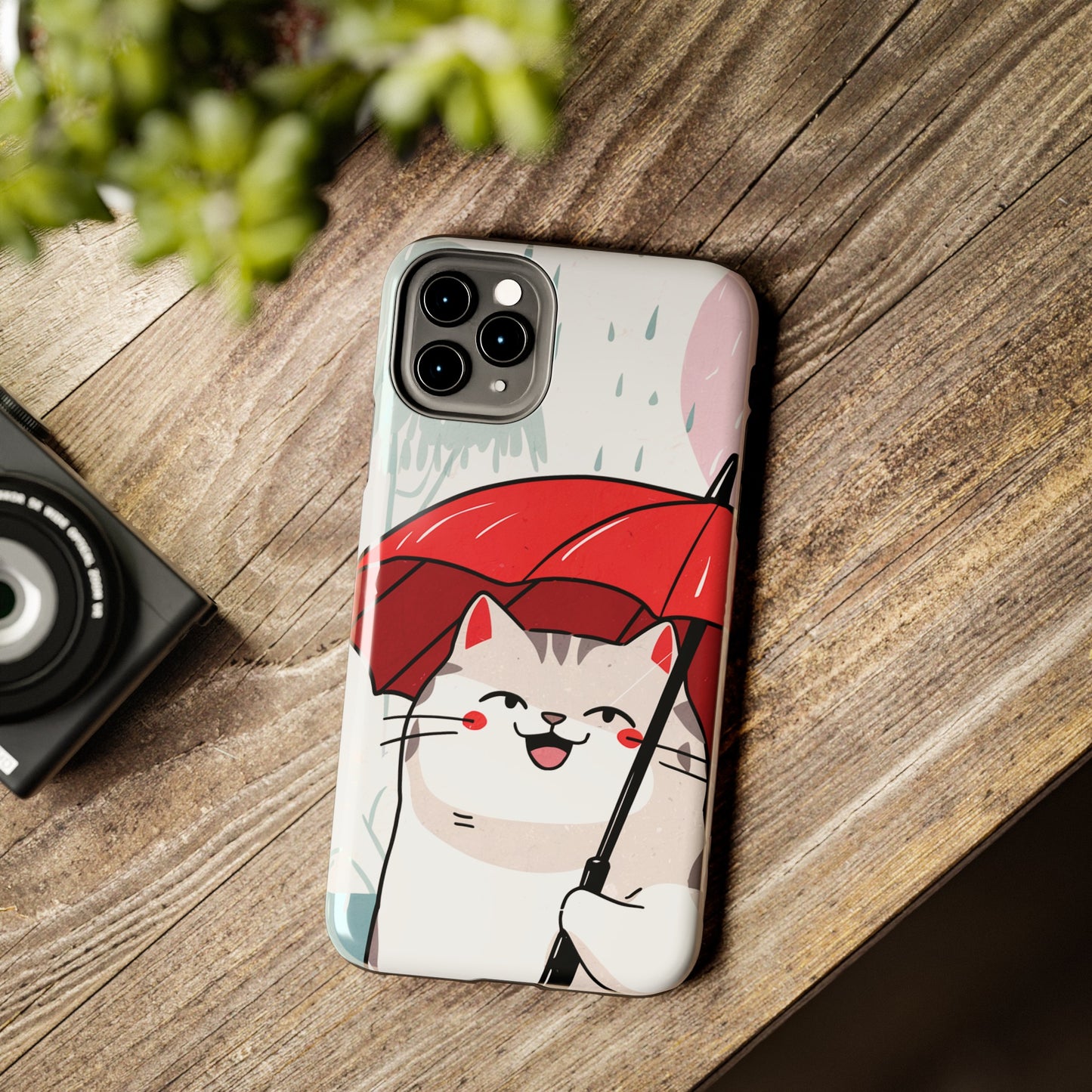 Rainy Day Whiskers: Cartoon Cat with Red Umbrella - Tough Phone Cases