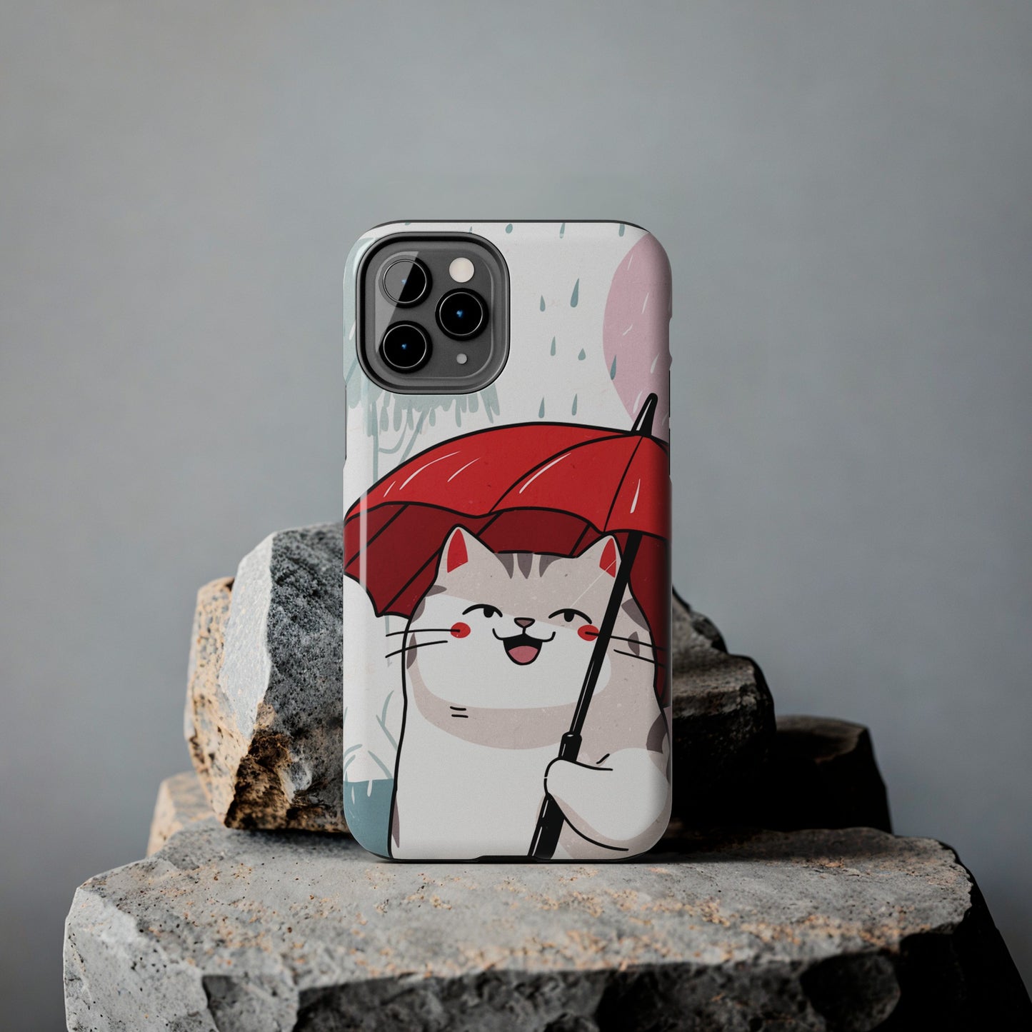 Rainy Day Whiskers: Cartoon Cat with Red Umbrella - Tough Phone Cases