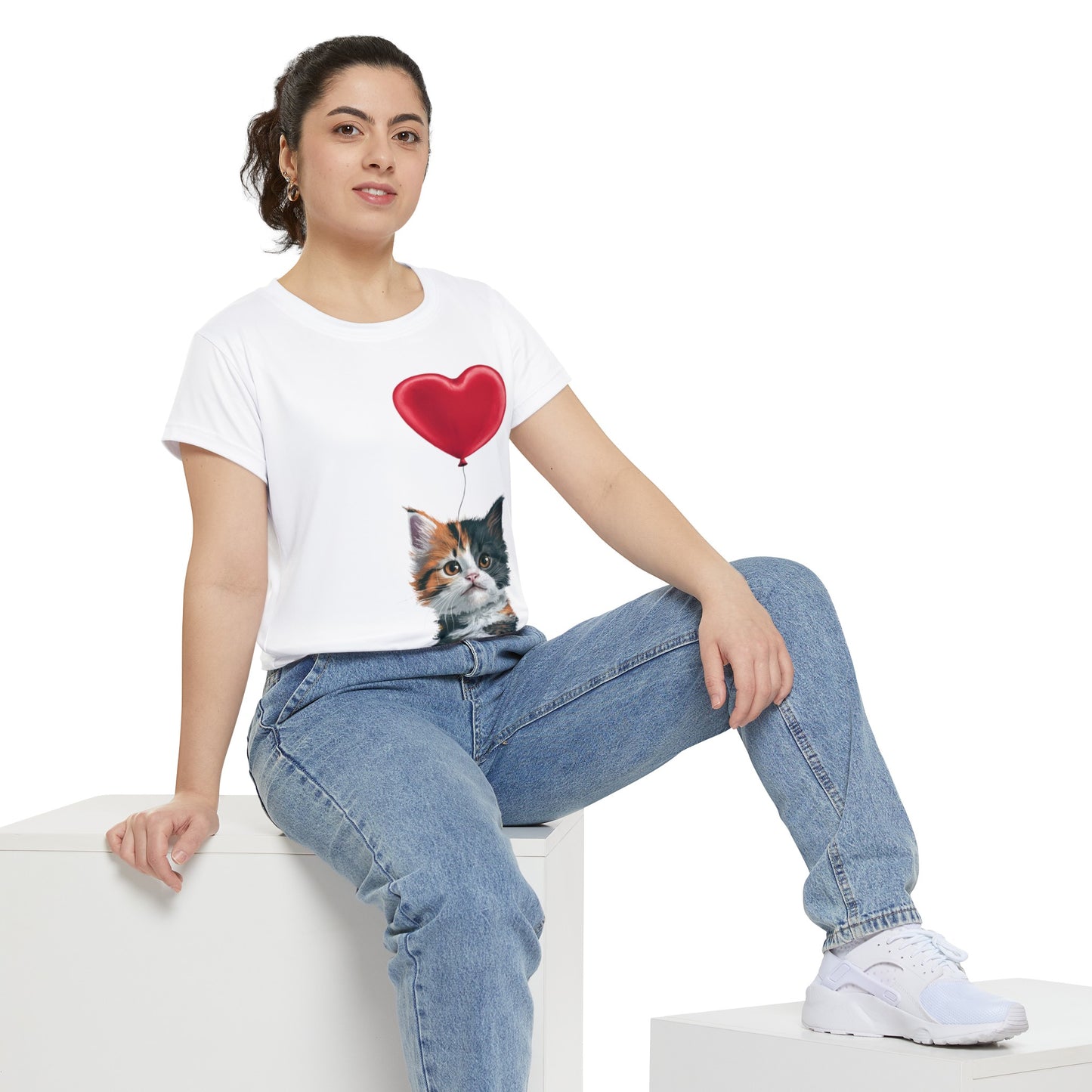 "Red Balloon Cat Version" - Women's Short Sleeve Shirt (AOP) in White