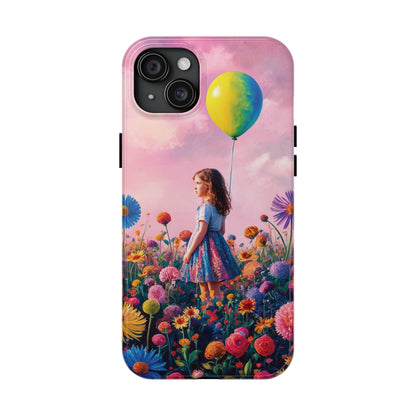 Girl with Yellow and Blue Balloon: Garden Oasis at Dusk - Tough Phone Cases