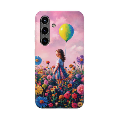 Girl with Yellow and Blue Balloon: Garden Oasis at Dusk - Tough Phone Cases