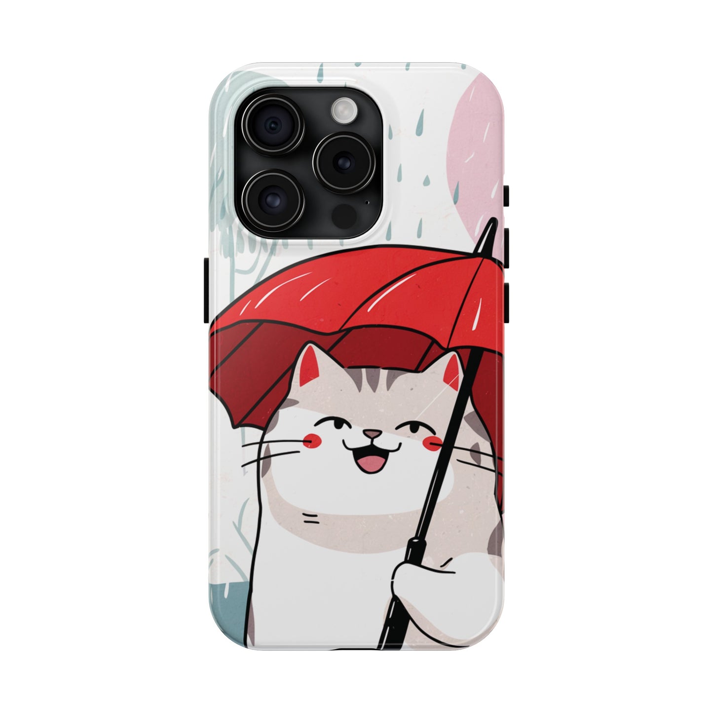 Rainy Day Whiskers: Cartoon Cat with Red Umbrella - Tough Phone Cases