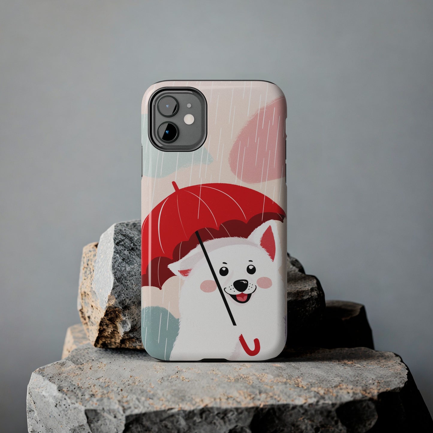 Rainy Day Ruff: Cartoon Dog with Red Pawrella - Tough Phone Cases