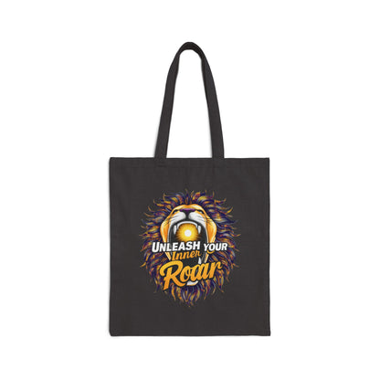 "Unleash your Inner Roar" Lion - Cotton Canvas Tote Bag, featuring a kaleidoscope of colors.