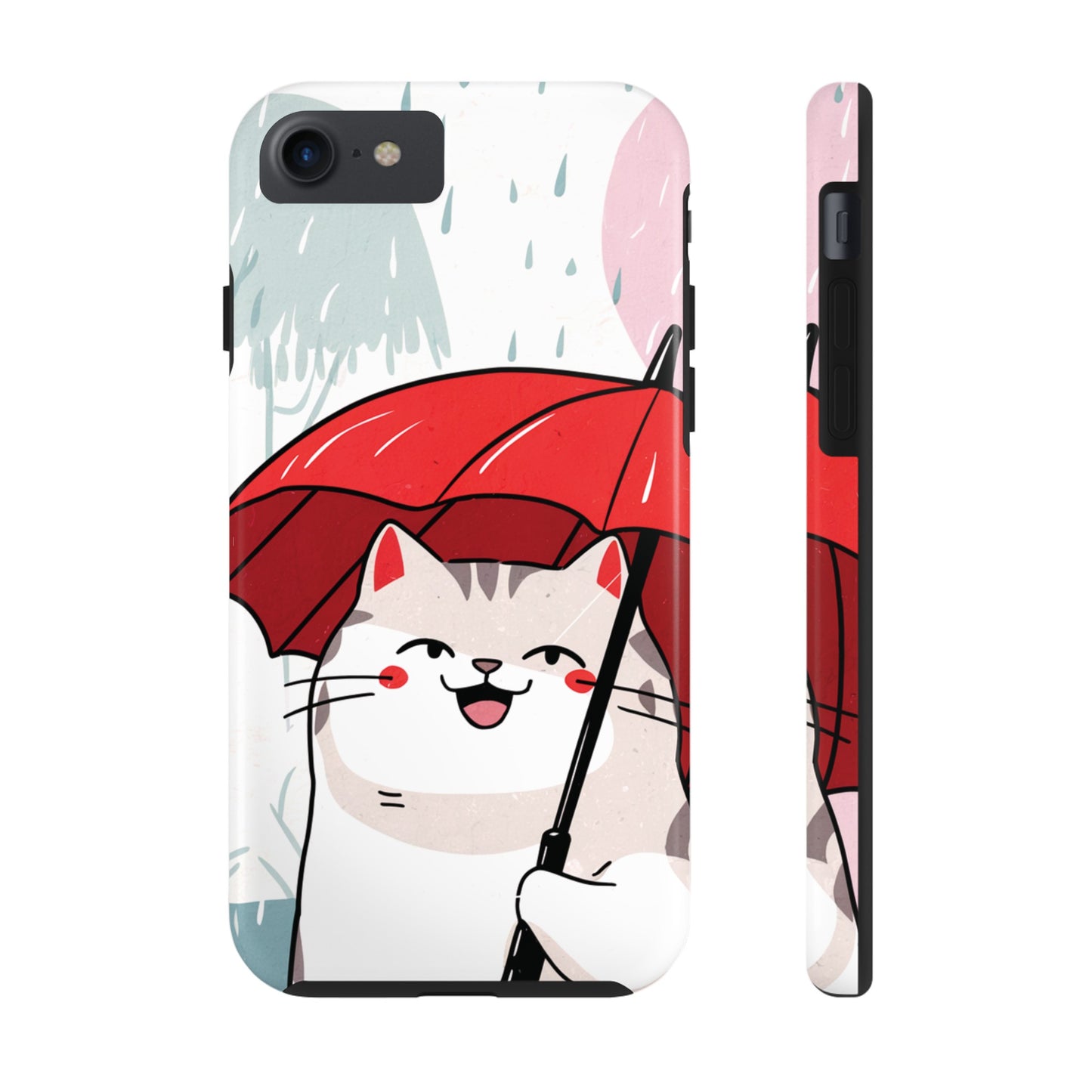 Rainy Day Whiskers: Cartoon Cat with Red Umbrella - Tough Phone Cases