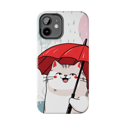 Rainy Day Whiskers: Cartoon Cat with Red Umbrella - Tough Phone Cases