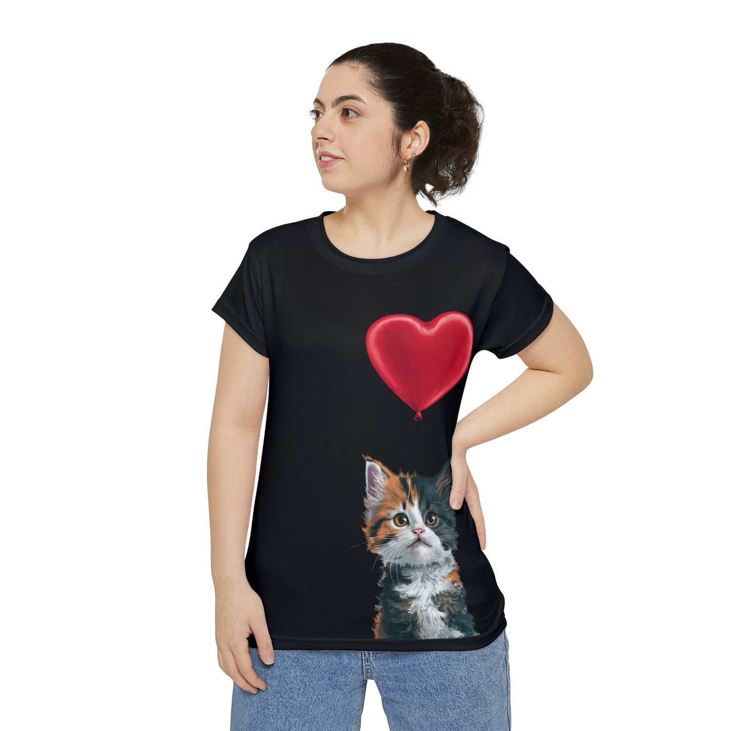 "Red Balloon Cat Version" - Women's Short Sleeve Shirt (AOP) in Black