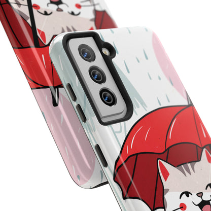 Rainy Day Whiskers: Cartoon Cat with Red Umbrella - Tough Phone Cases