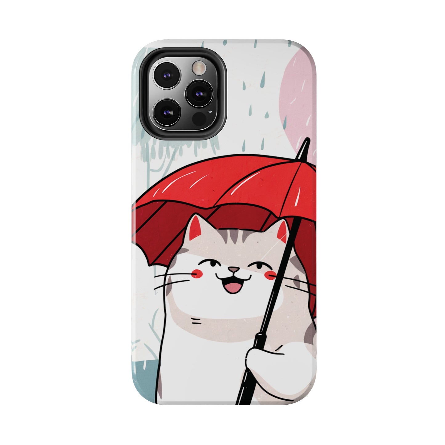 Rainy Day Whiskers: Cartoon Cat with Red Umbrella - Tough Phone Cases