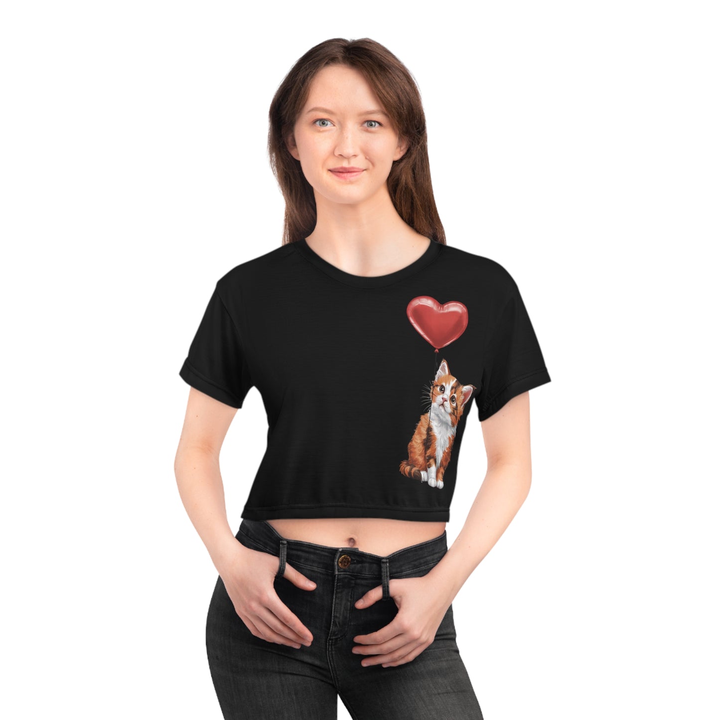 "Red Balloon Scottish Fold Version" - Crop Tee (AOP) in Black