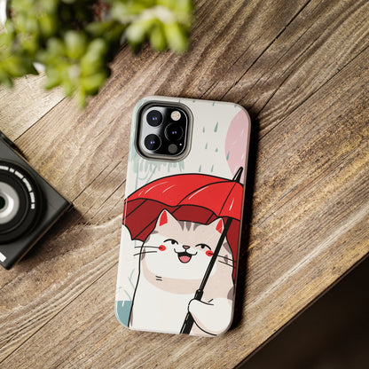 Rainy Day Whiskers: Cartoon Cat with Red Umbrella - Tough Phone Cases