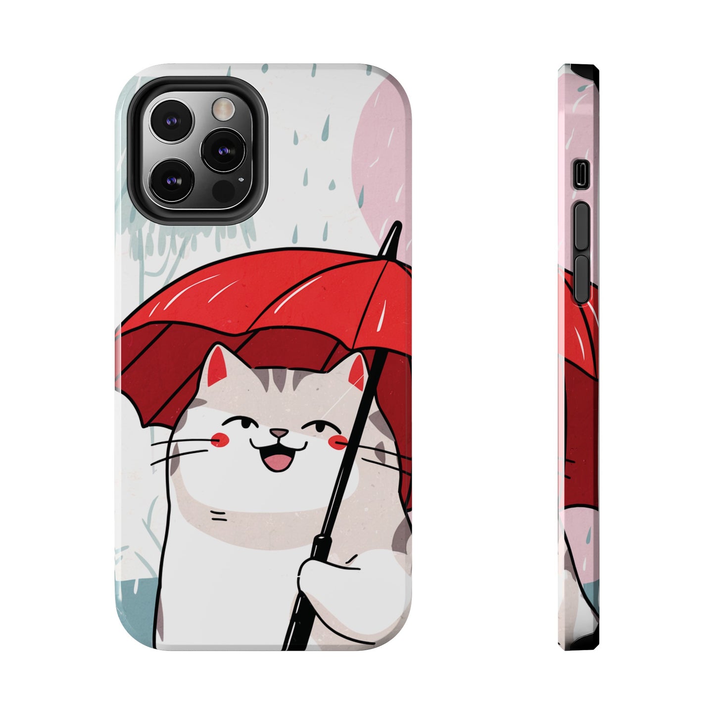 Rainy Day Whiskers: Cartoon Cat with Red Umbrella - Tough Phone Cases