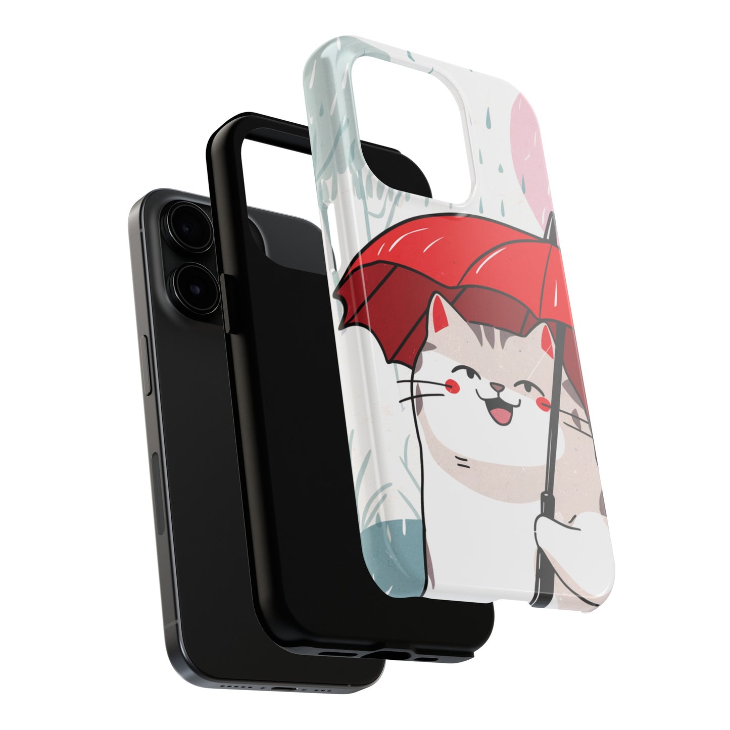 Rainy Day Whiskers: Cartoon Cat with Red Umbrella - Tough Phone Cases