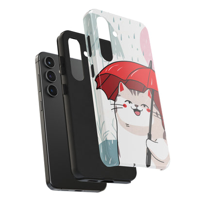 Rainy Day Whiskers: Cartoon Cat with Red Umbrella - Tough Phone Cases