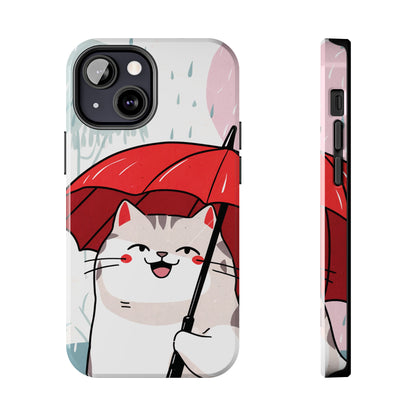 Rainy Day Whiskers: Cartoon Cat with Red Umbrella - Tough Phone Cases