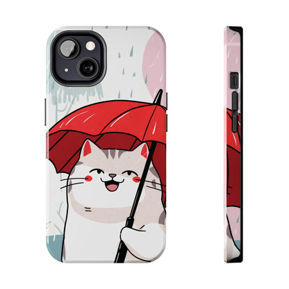 Rainy Day Whiskers: Cartoon Cat with Red Umbrella - Tough Phone Cases