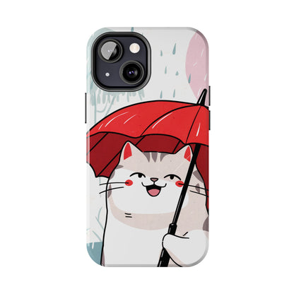 Rainy Day Whiskers: Cartoon Cat with Red Umbrella - Tough Phone Cases