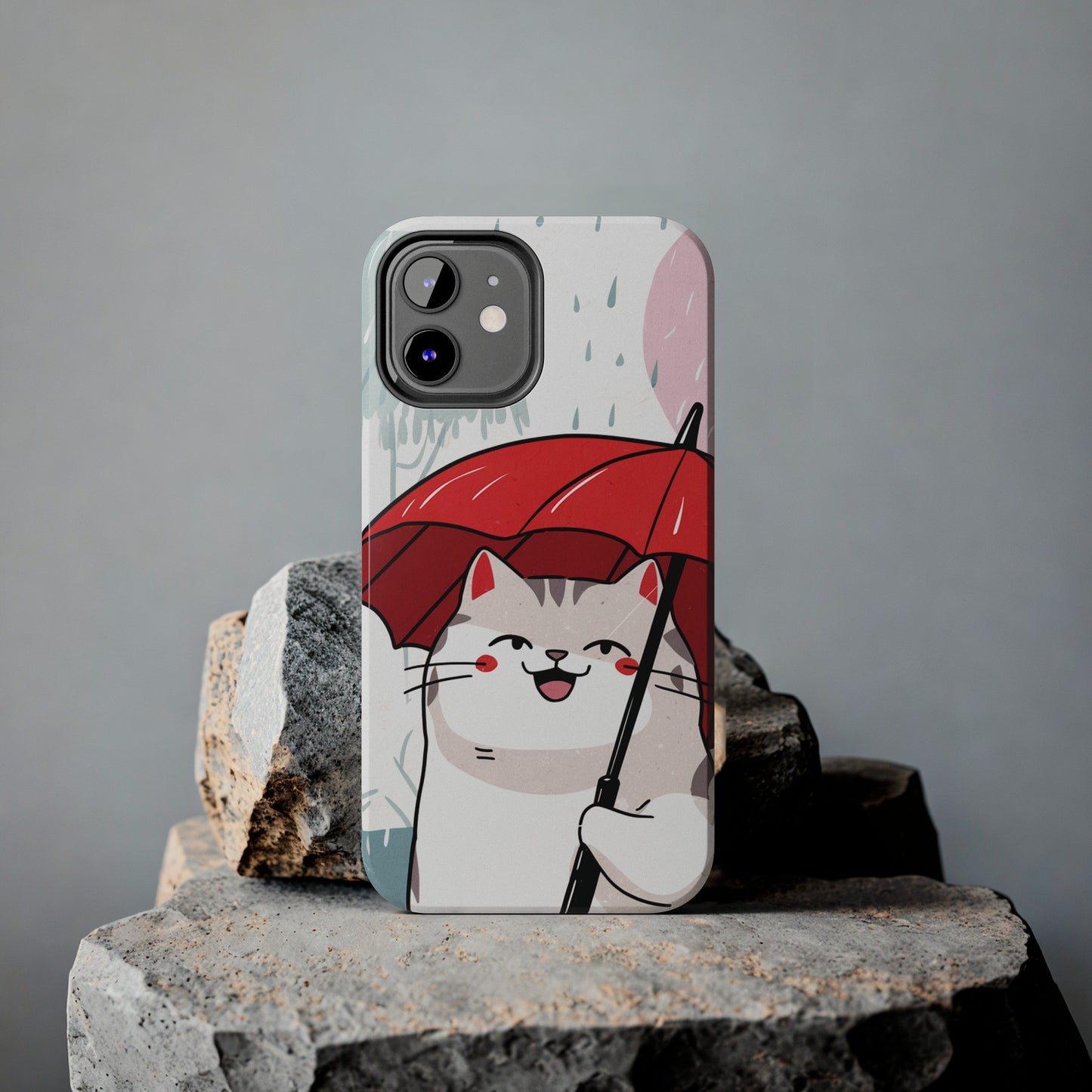 Rainy Day Whiskers: Cartoon Cat with Red Umbrella - Tough Phone Cases