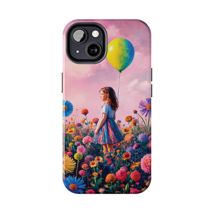 Girl with Yellow and Blue Balloon: Garden Oasis at Dusk - Tough Phone Cases