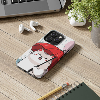 Rainy Day Whiskers: Cartoon Cat with Red Umbrella - Tough Phone Cases