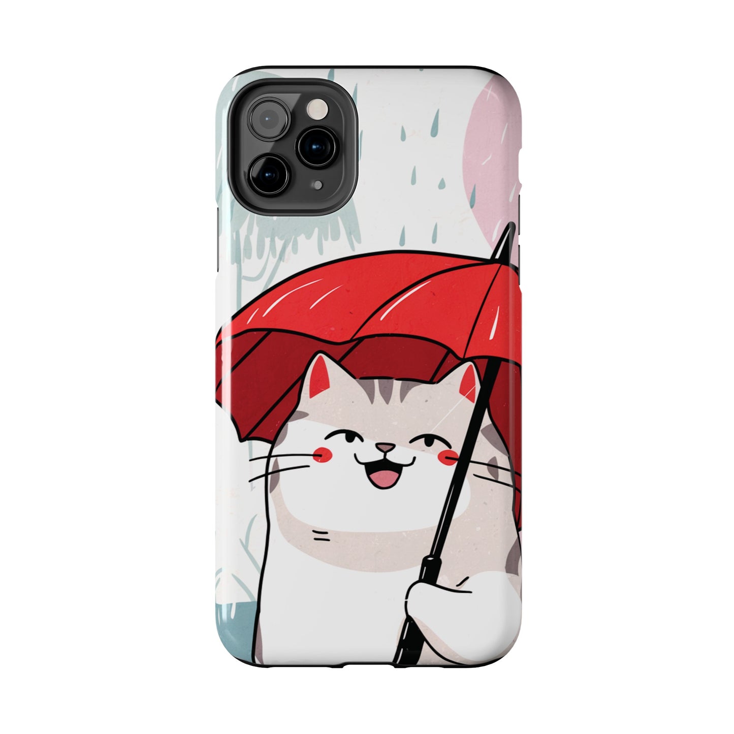 Rainy Day Whiskers: Cartoon Cat with Red Umbrella - Tough Phone Cases