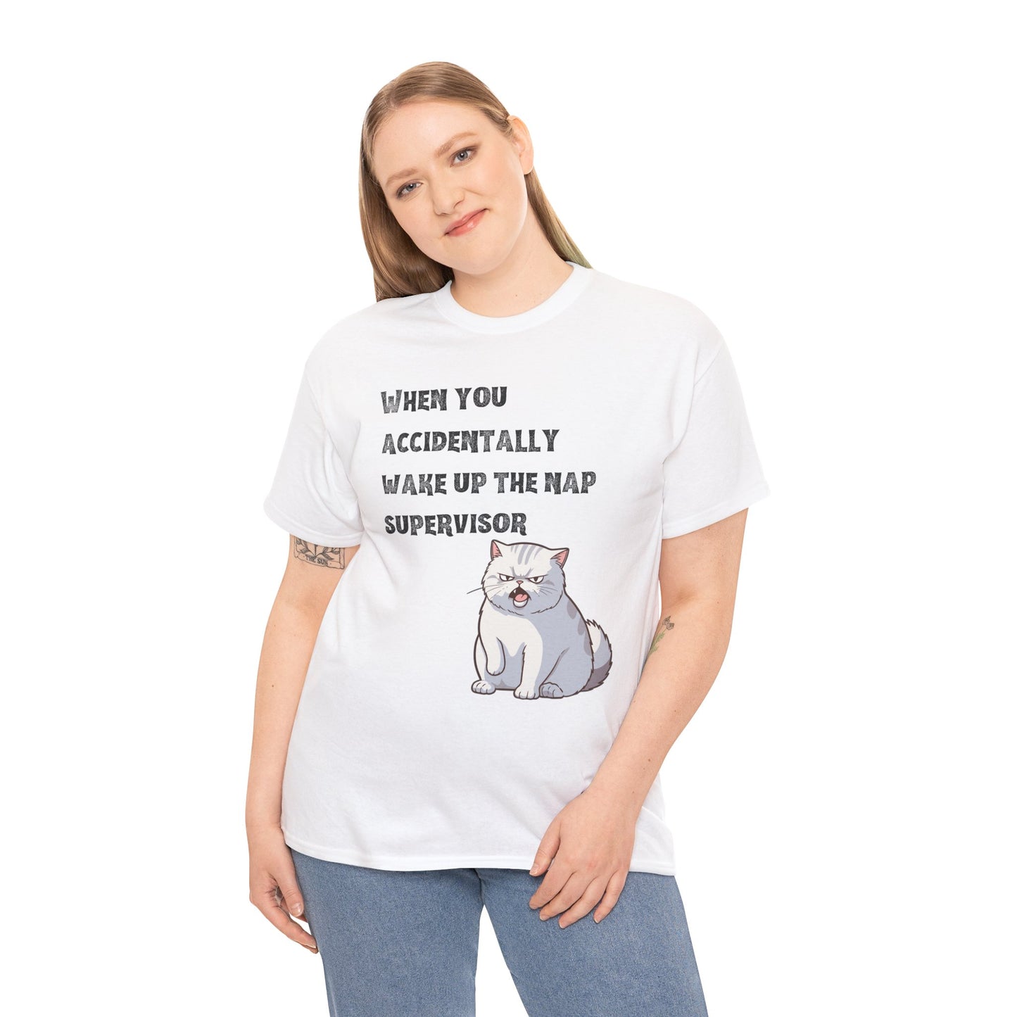 "When you accidentally wake up the nap supervisor" Cat Meme - Unisex Cotton Tee