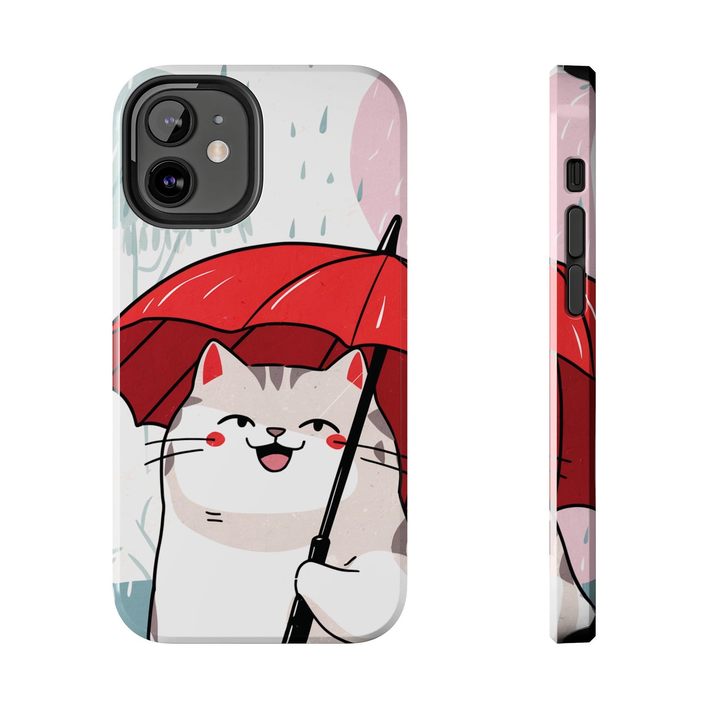 Rainy Day Whiskers: Cartoon Cat with Red Umbrella - Tough Phone Cases