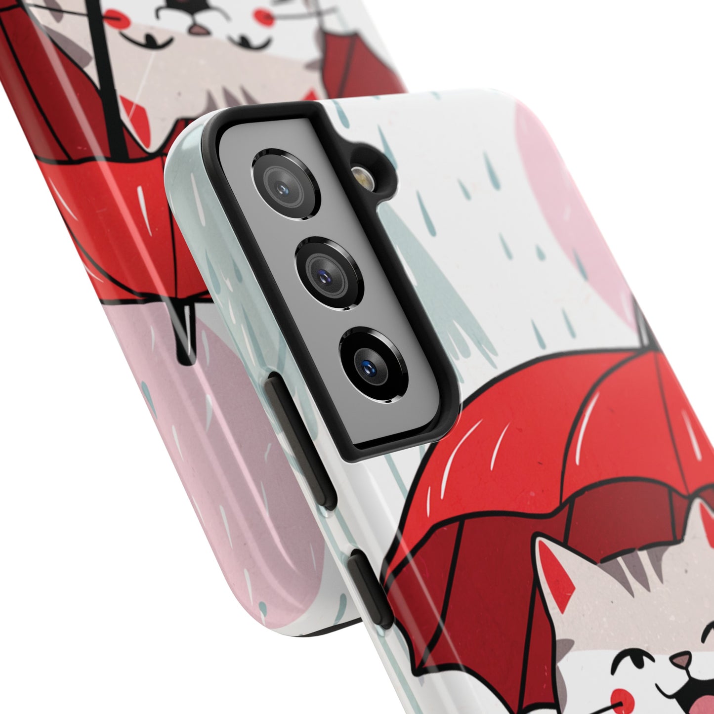 Rainy Day Whiskers: Cartoon Cat with Red Umbrella - Tough Phone Cases